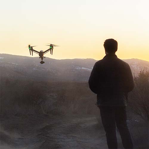 Josef Perszon flies a DJI Inspire 2 drone at sunset in Kamloops BC